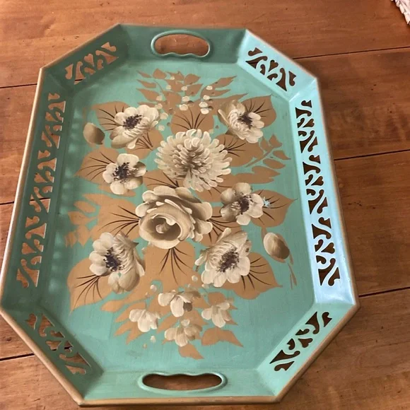 In great vintage condition 1959 hand painted mint green and gold tray . - Picture 1 of 8